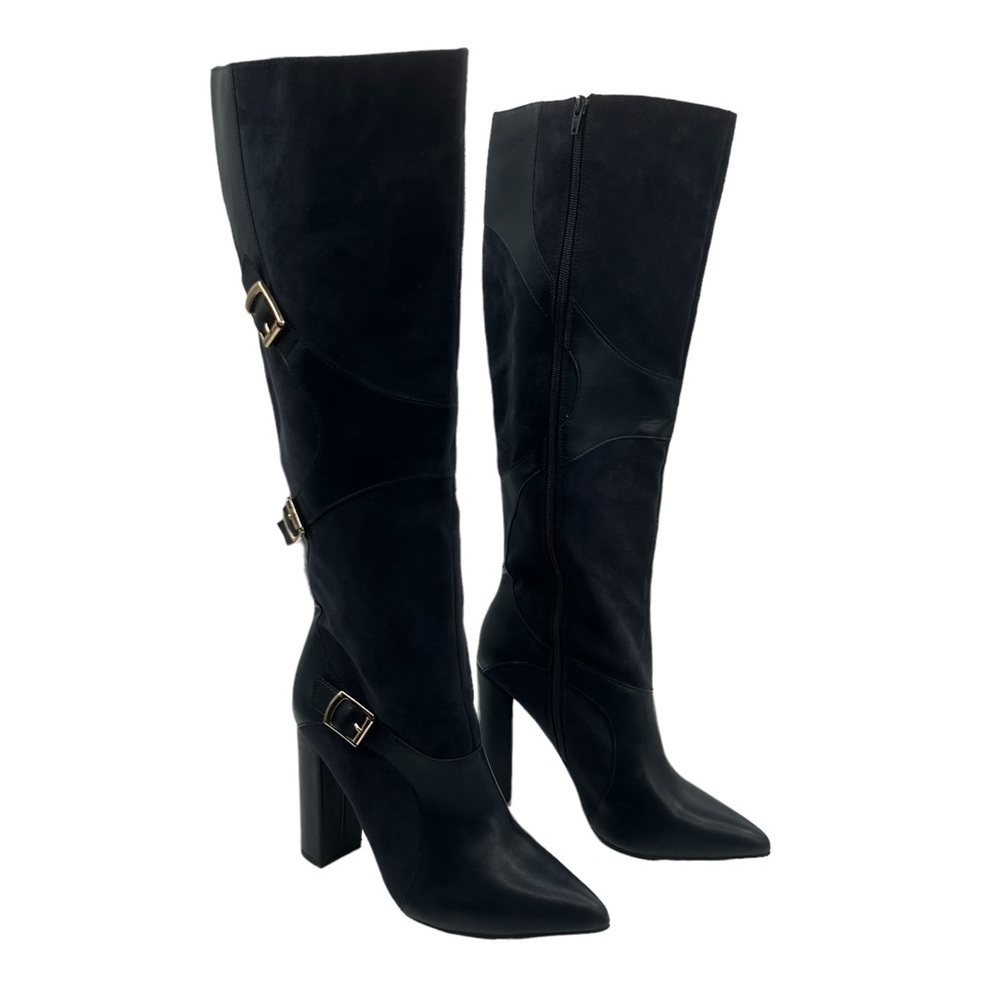 JUSTFAB Blue Yelda Buckle Tall Heeled Pointed Toe Boots Size 9.5 Women's